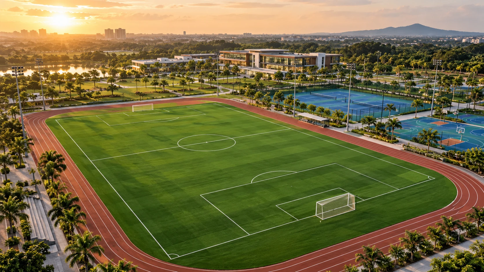 Architectural concept of a landscaped sports campus with turf, courts and a running track