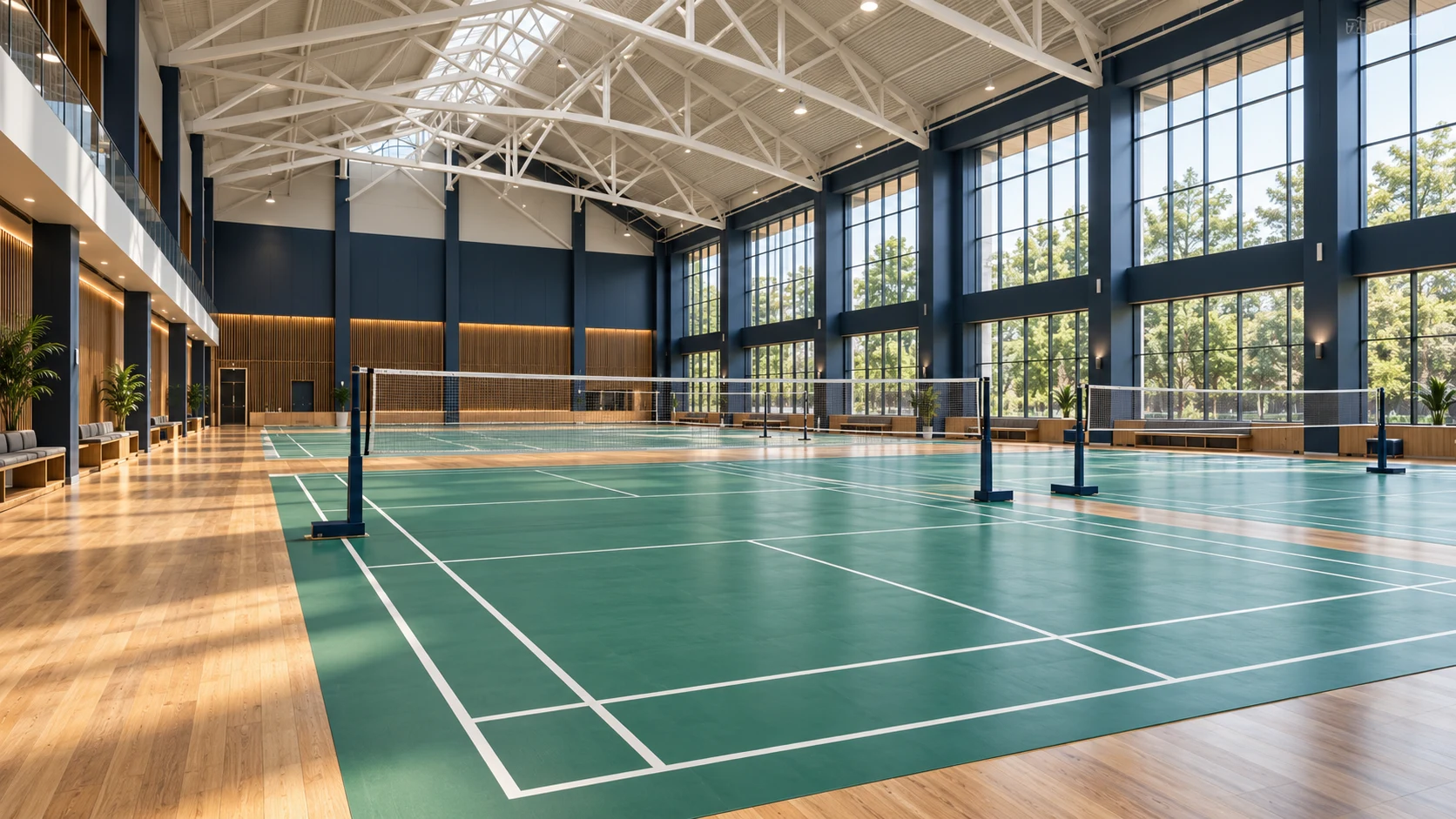 Architectural concept of a bright indoor badminton facility